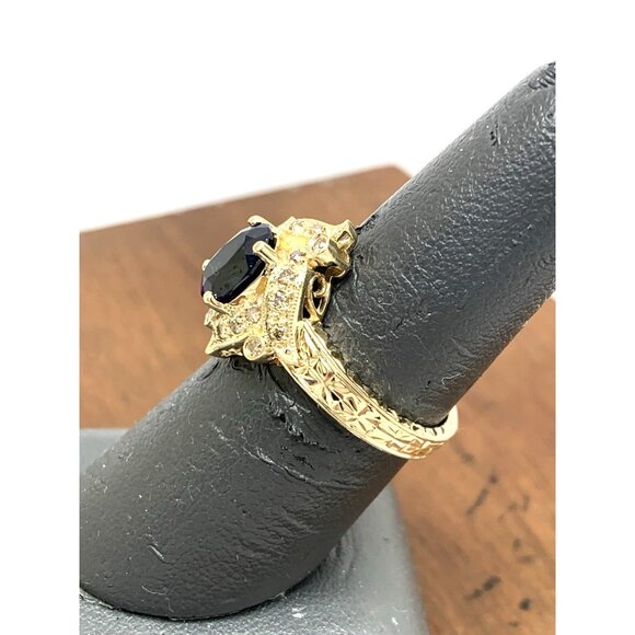 Blue Gemstone Diamond Cocktail Ring 14k Yellow Gold Estate Women's Size 7 - Picture 8 of 14